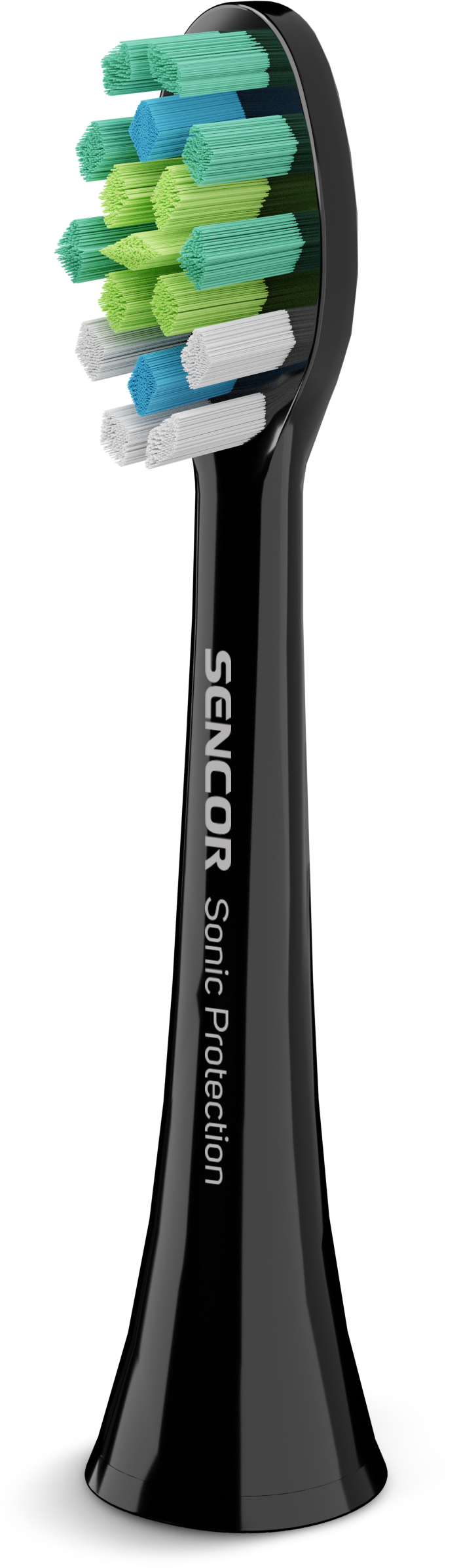 Fogkefefej, fekete, színes sörtékkel. SENCOR Sonic Protection márka látható.