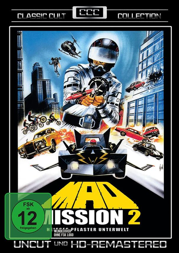 Mad Mission 2 Filmplakat mit Action-Szene, Autos und einem Motorradfahrer.