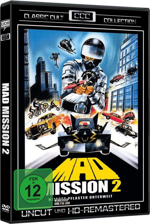 DVD-Hülle von Mad Mission 2, mit Action-Szene. Autos, Motorräder und ein Mann.