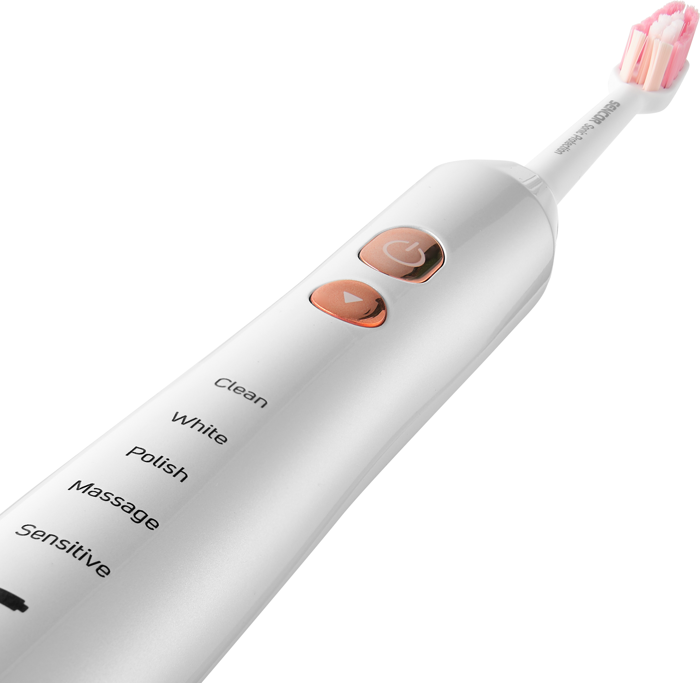 Fehér elektromos fogkefe rózsaszín és fehér sörtékkel. Két gombbal és szöveggel a fogantyún.