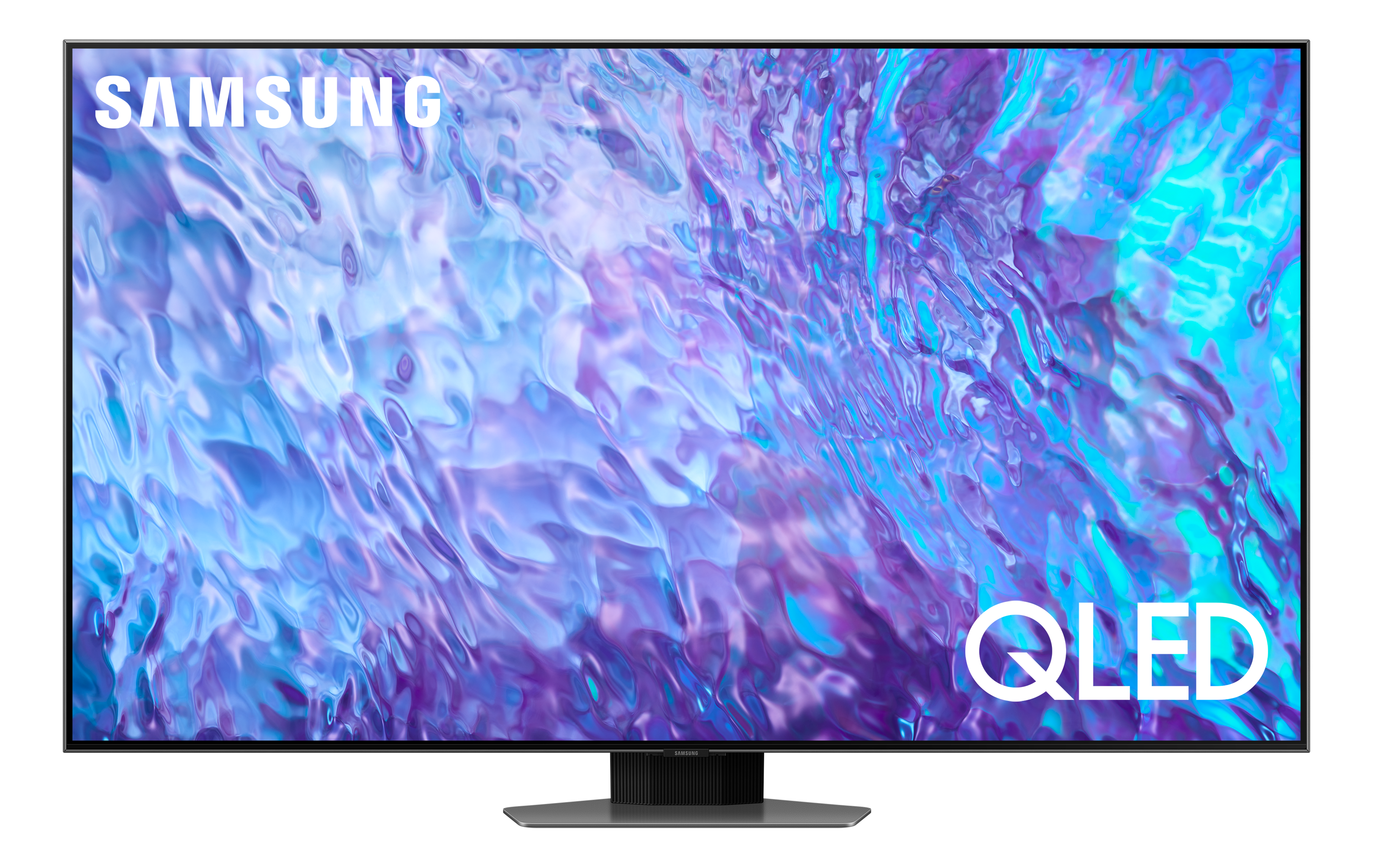 Un téléviseur Samsung QLED affiche une image abstraite bleue et violette.