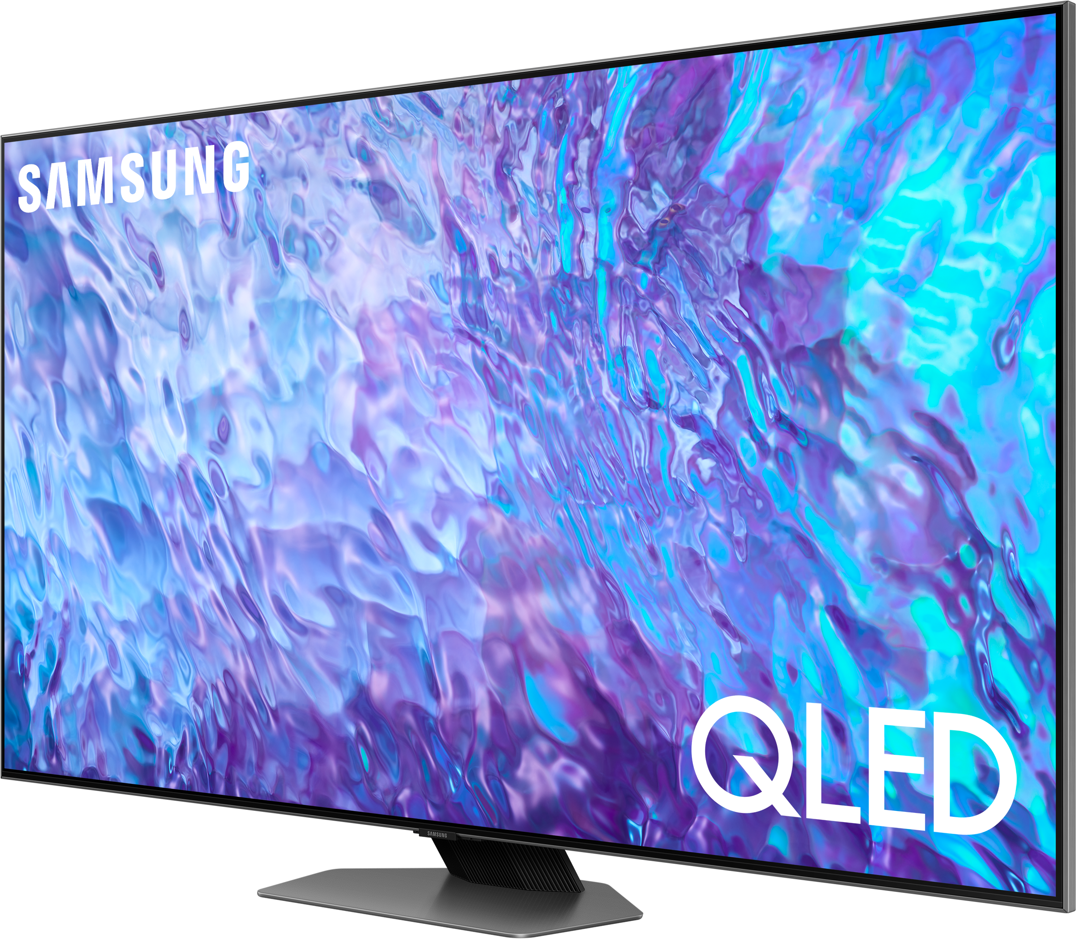 Un grand écran de télévision incurvé affichant une image vibrante et colorée. Les logos Samsung et QLED sont visibles.