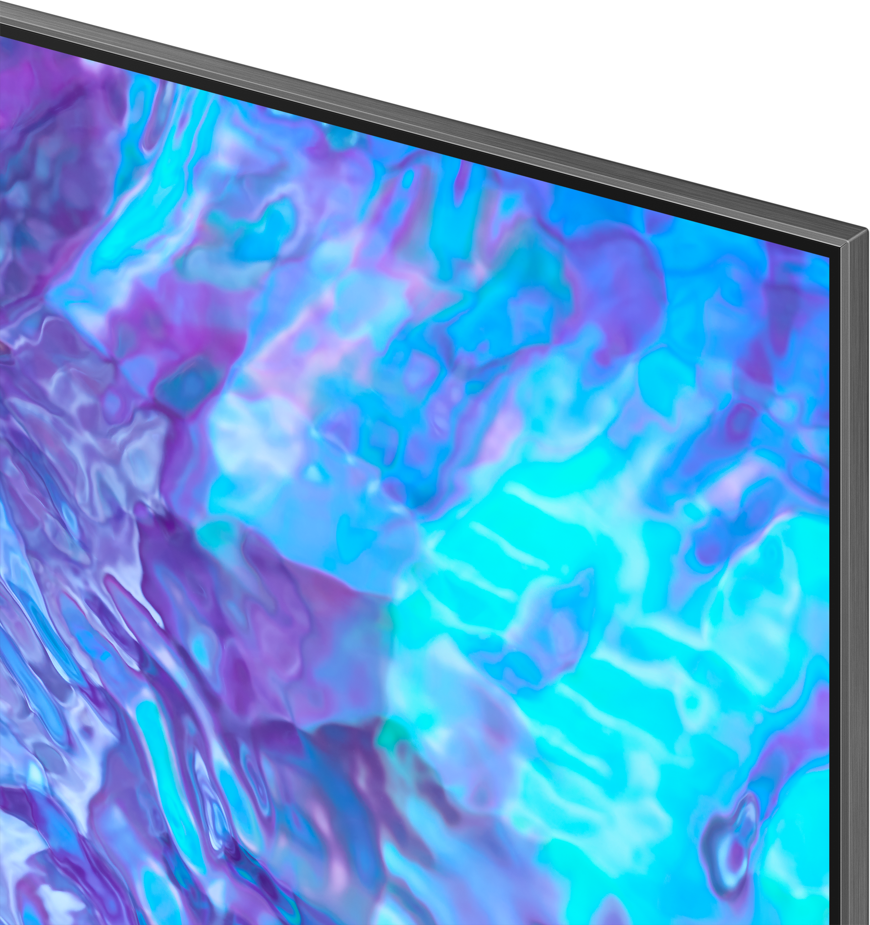Gros plan sur un écran de télévision, montrant un motif bleu et violet.