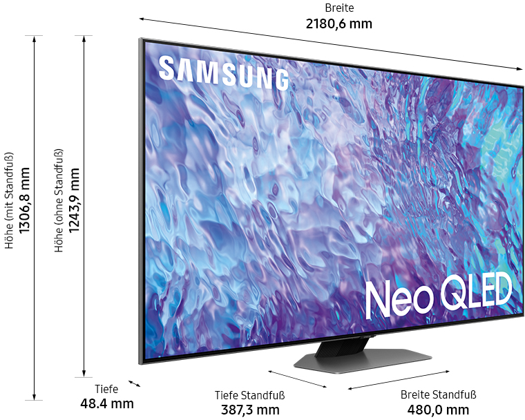 Samsung Neo QLED-Fernseher mit Abmessungen in mm und einem Ständer.