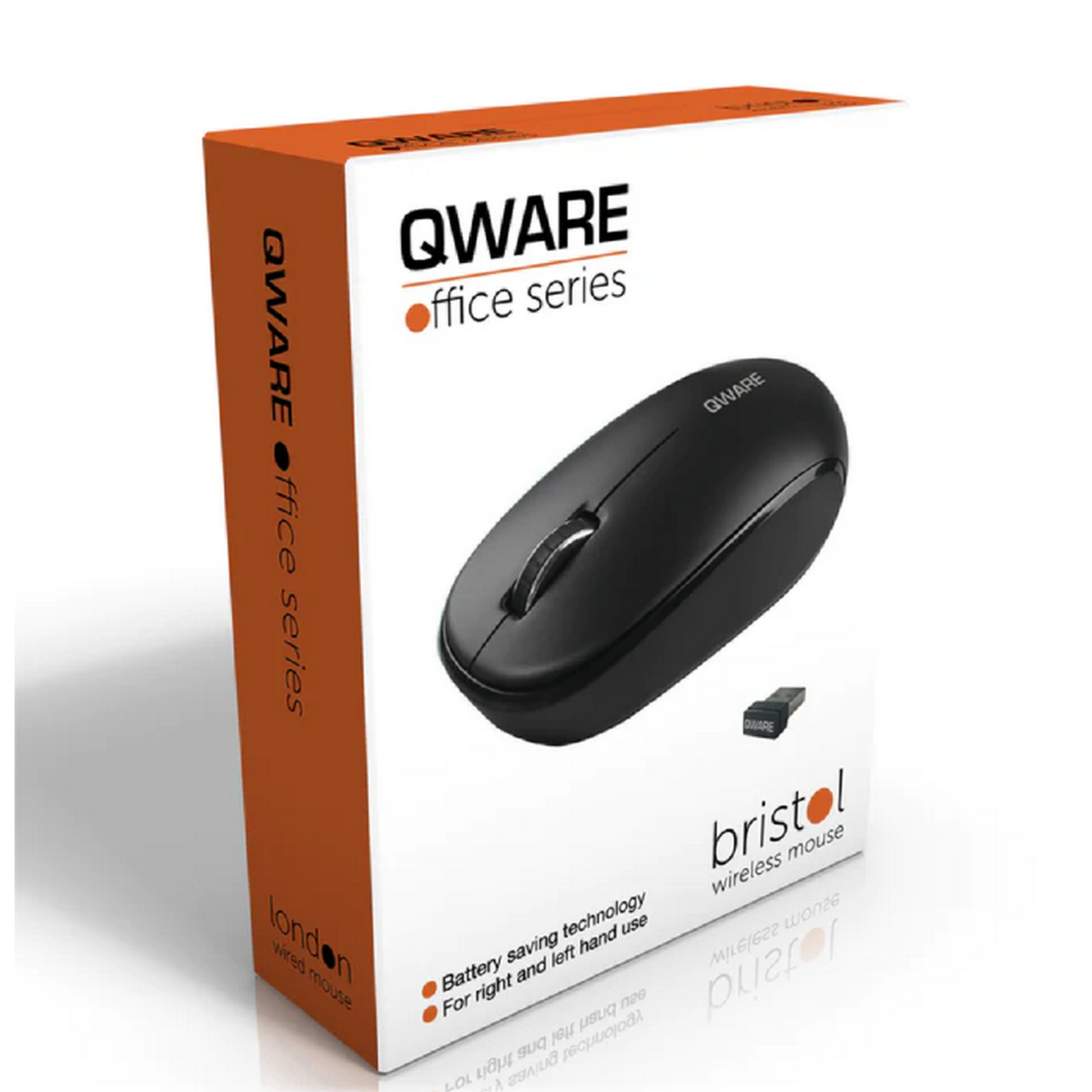 Black QWARE wireless mouse in a box with product details and logo.