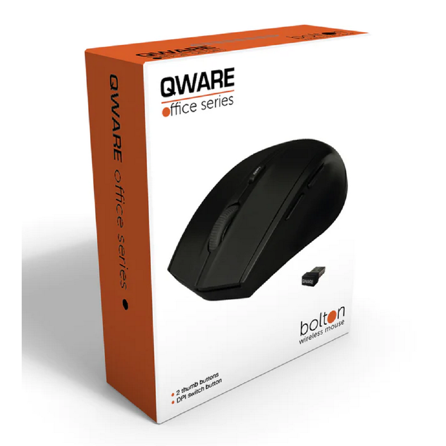 A black wireless mouse in its QWARE office series box with Bolton brand.