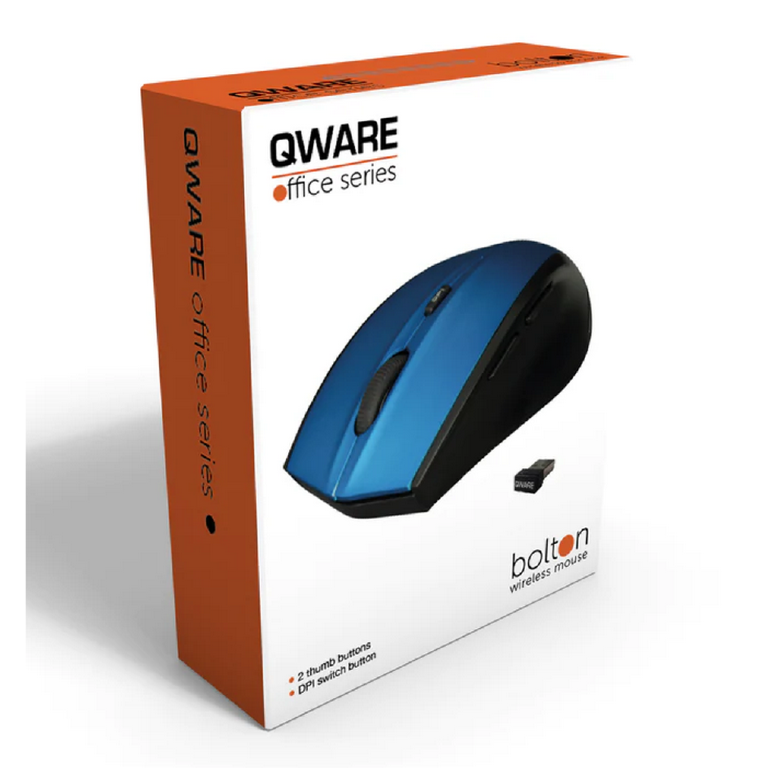 A blue QWARE wireless mouse in a box, with a USB receiver.