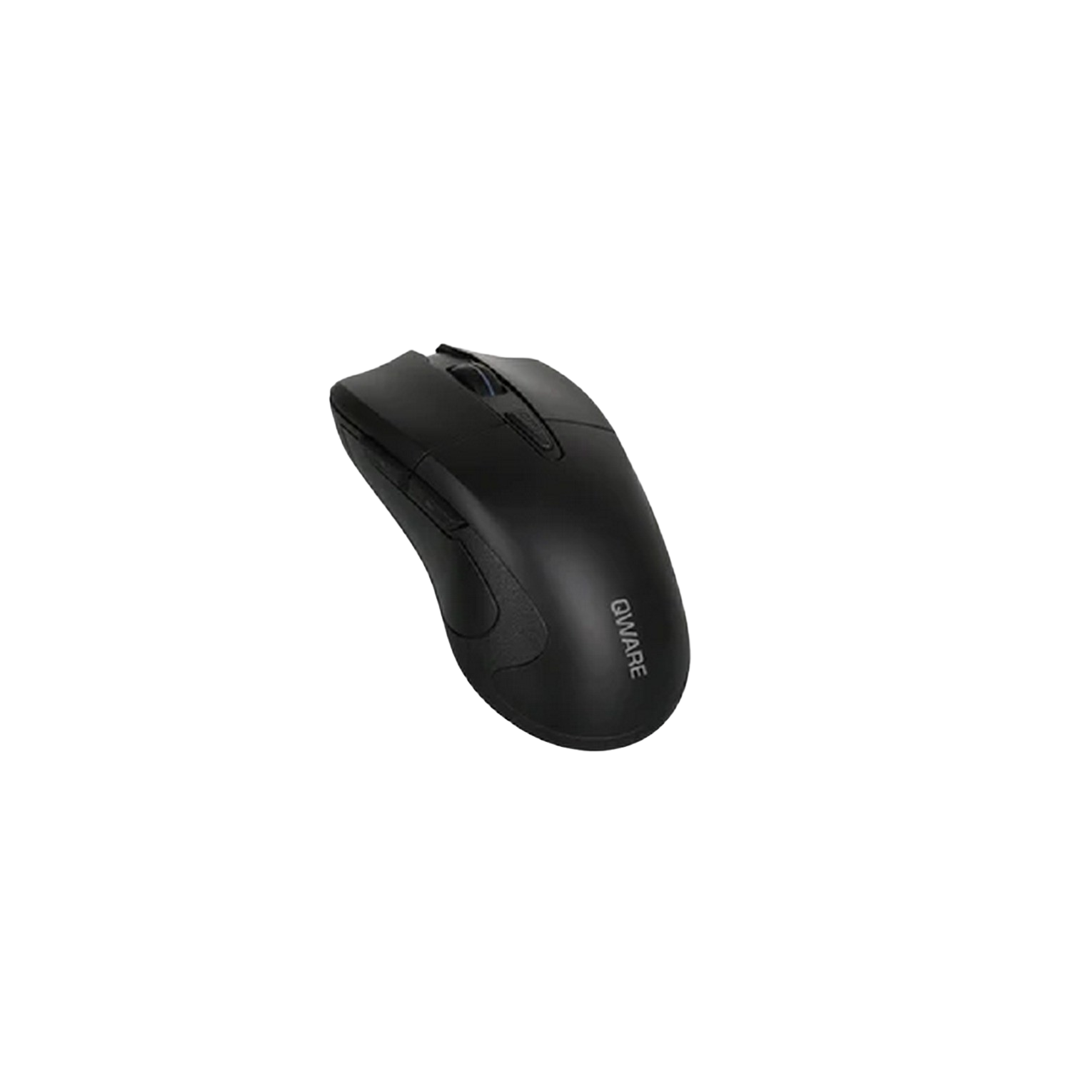 Black computer mouse, QWARE logo on the side, on a black background.