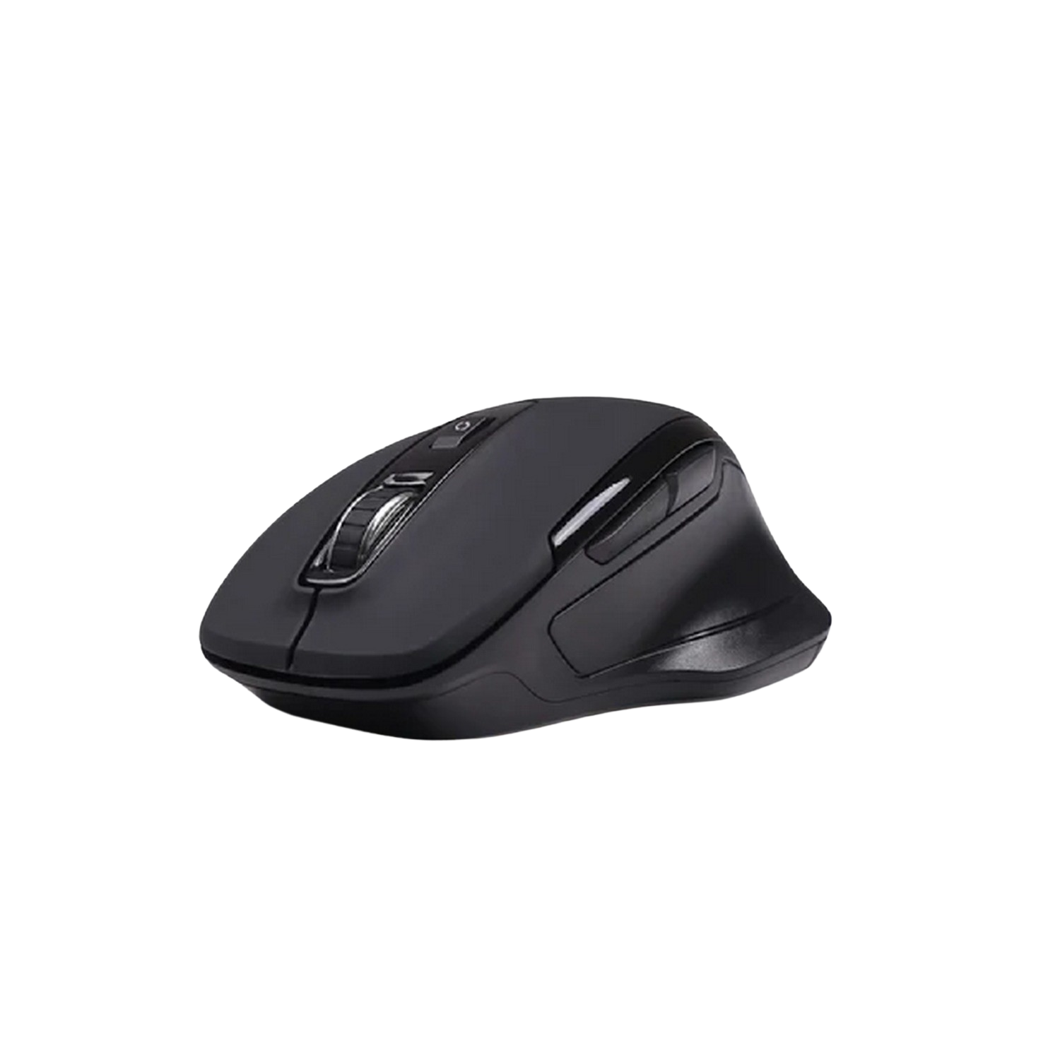 Black wireless mouse on a black background. It has a scroll wheel and buttons.