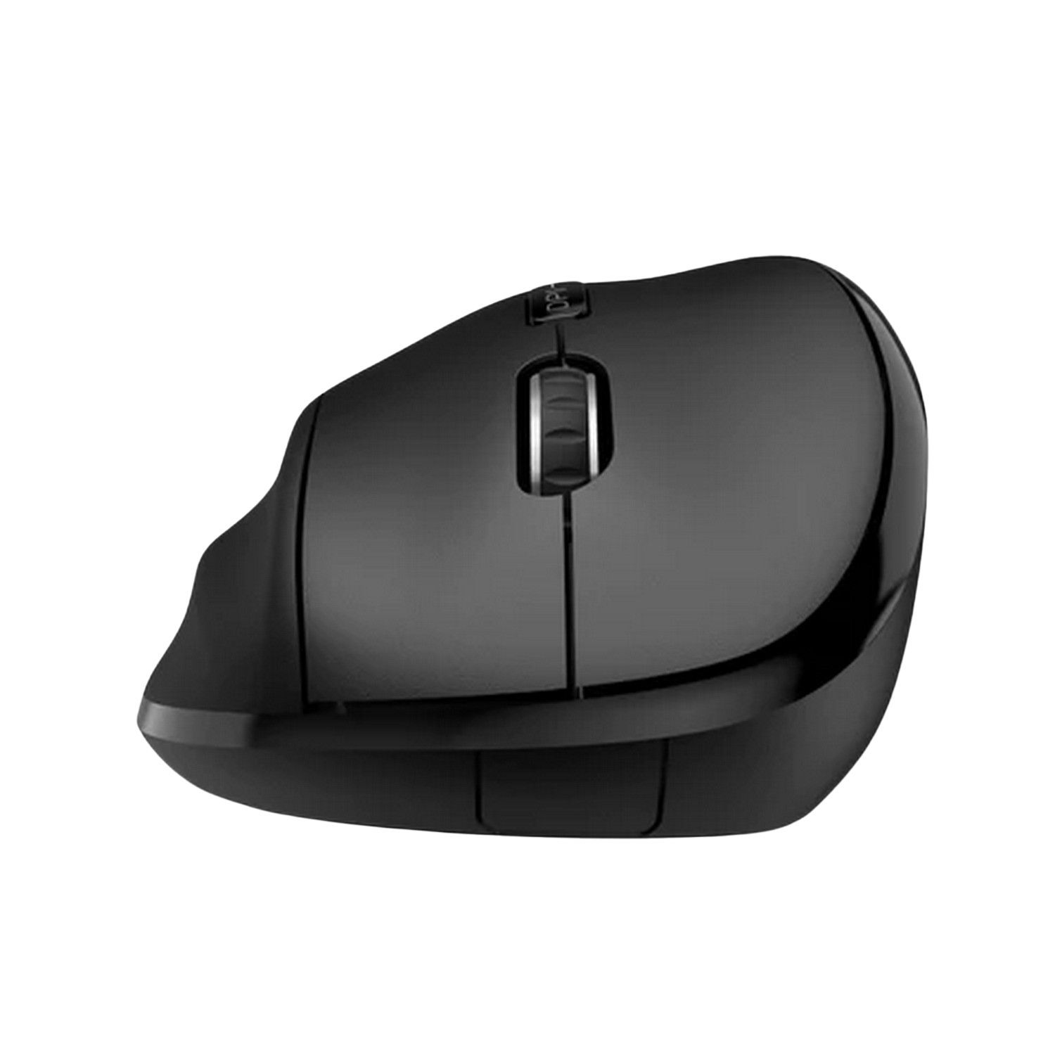 Black ergonomic computer mouse with a curved shape.
