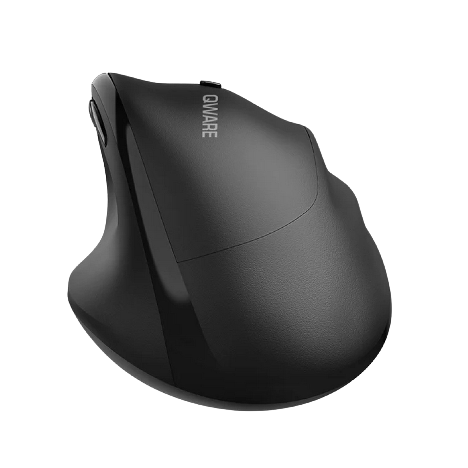 Black ergonomic mouse on a white surface, Qware brand.
