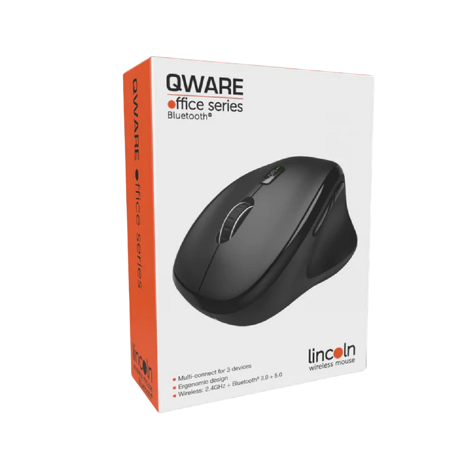 A black wireless mouse in its box. The box is white and orange.