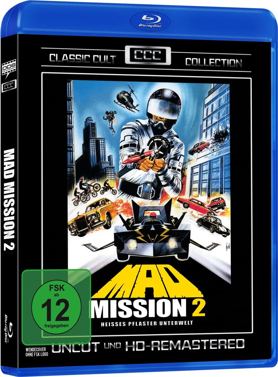 Blu-ray-Disc-Box mit einem Filmplakat eines Mannes in weißem Anzug auf einem Motorrad und Autos. Blaue Box.