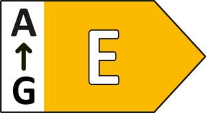 Étiquette d'efficacité énergétique jaune avec flèche noire vers le haut et lettre 'E'.