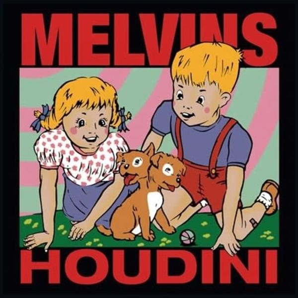 Cartoon von zwei Kindern mit einem zweiköpfigen Hund und dem Wortlaut "MELVINS HOUDINI".