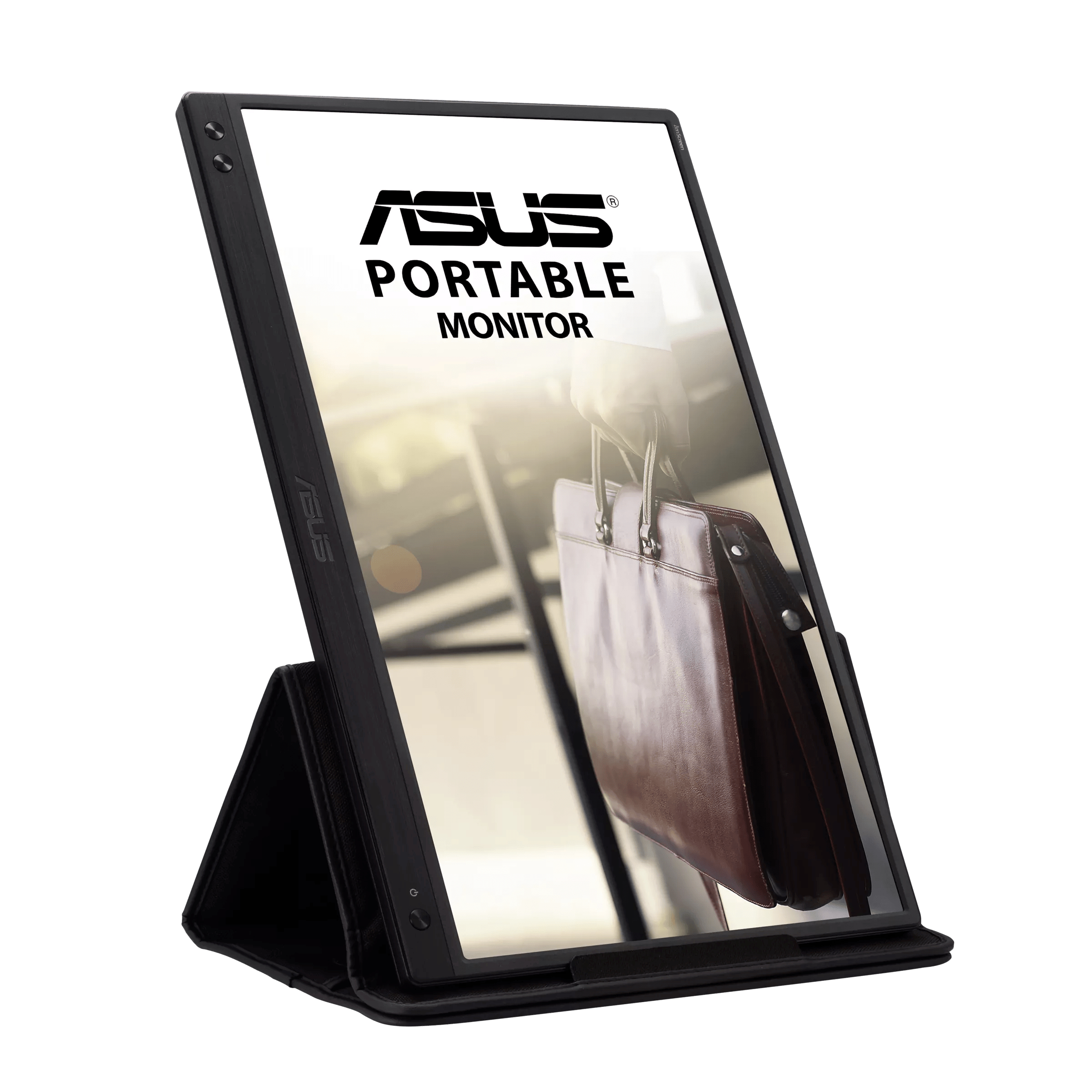 Moniteur portable noir avec le logo ASUS. L'écran affiche une image de mallette.