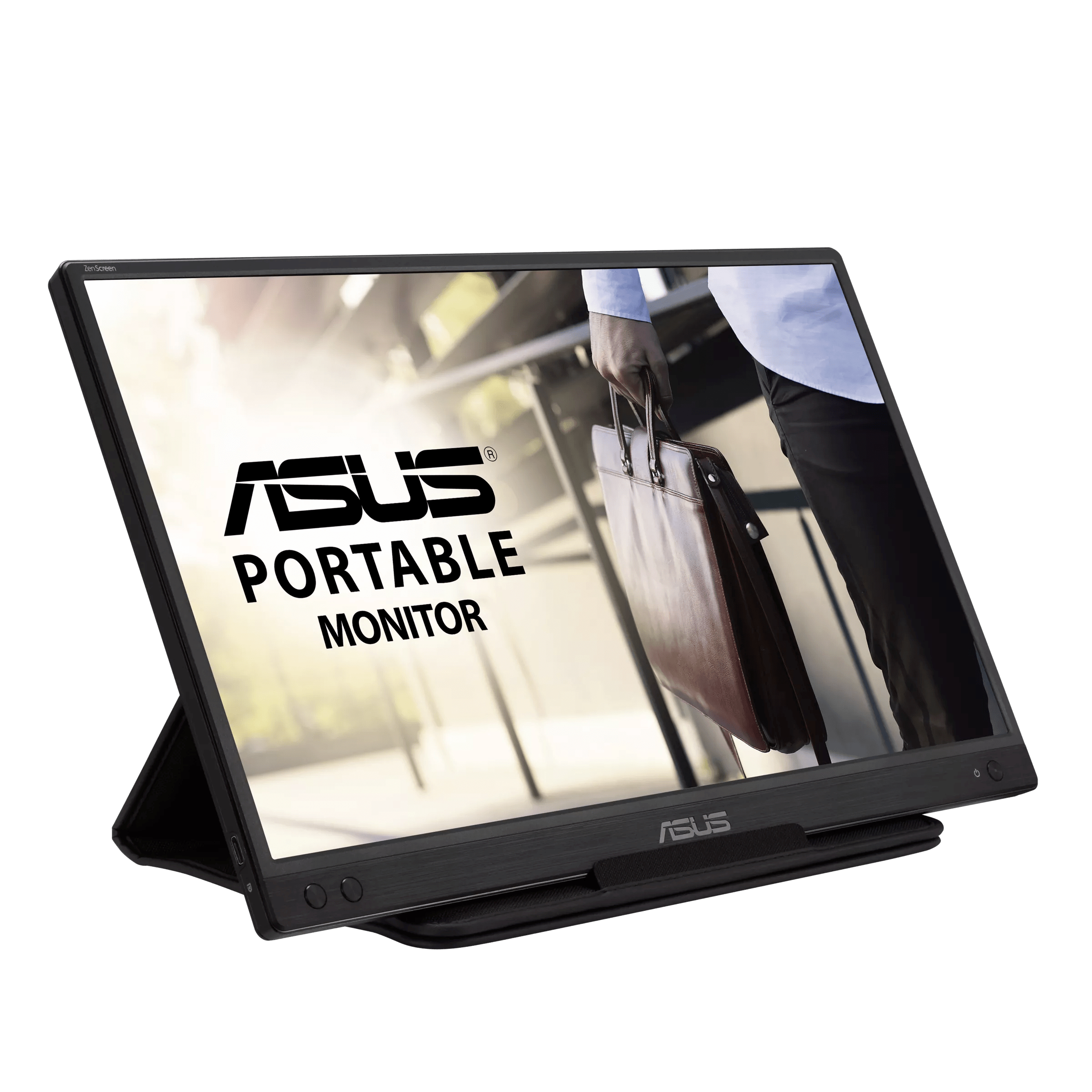 Moniteur portable ASUS, femme tenant un sac, cadre noir.