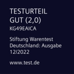 Ein blauer und dunkelblauer Hintergrund mit dem Text: TESTURTEIL GUT (2,0)