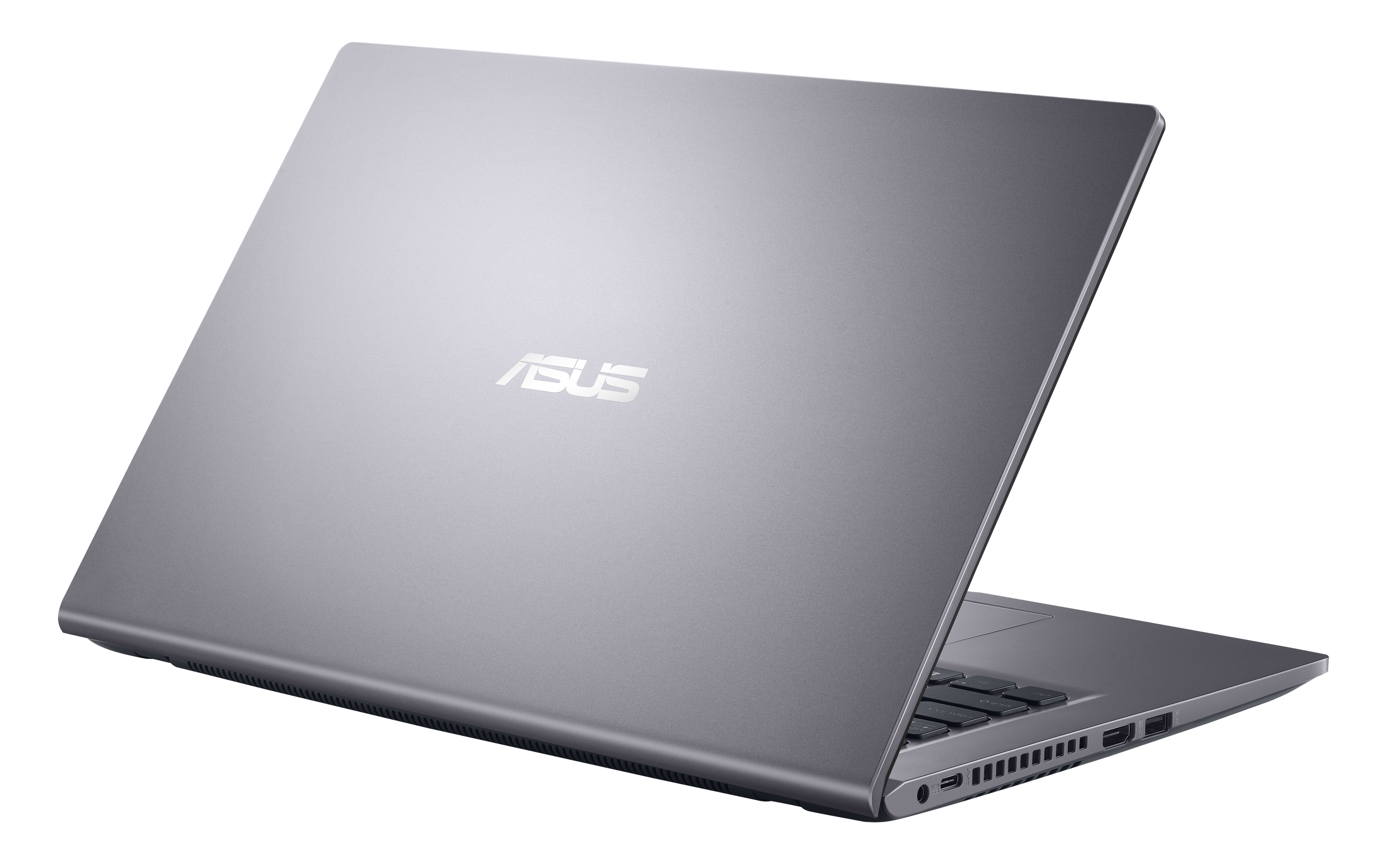 Portátil ASUS plateado con el logotipo ASUS en la cubierta trasera, ligeramente inclinado.