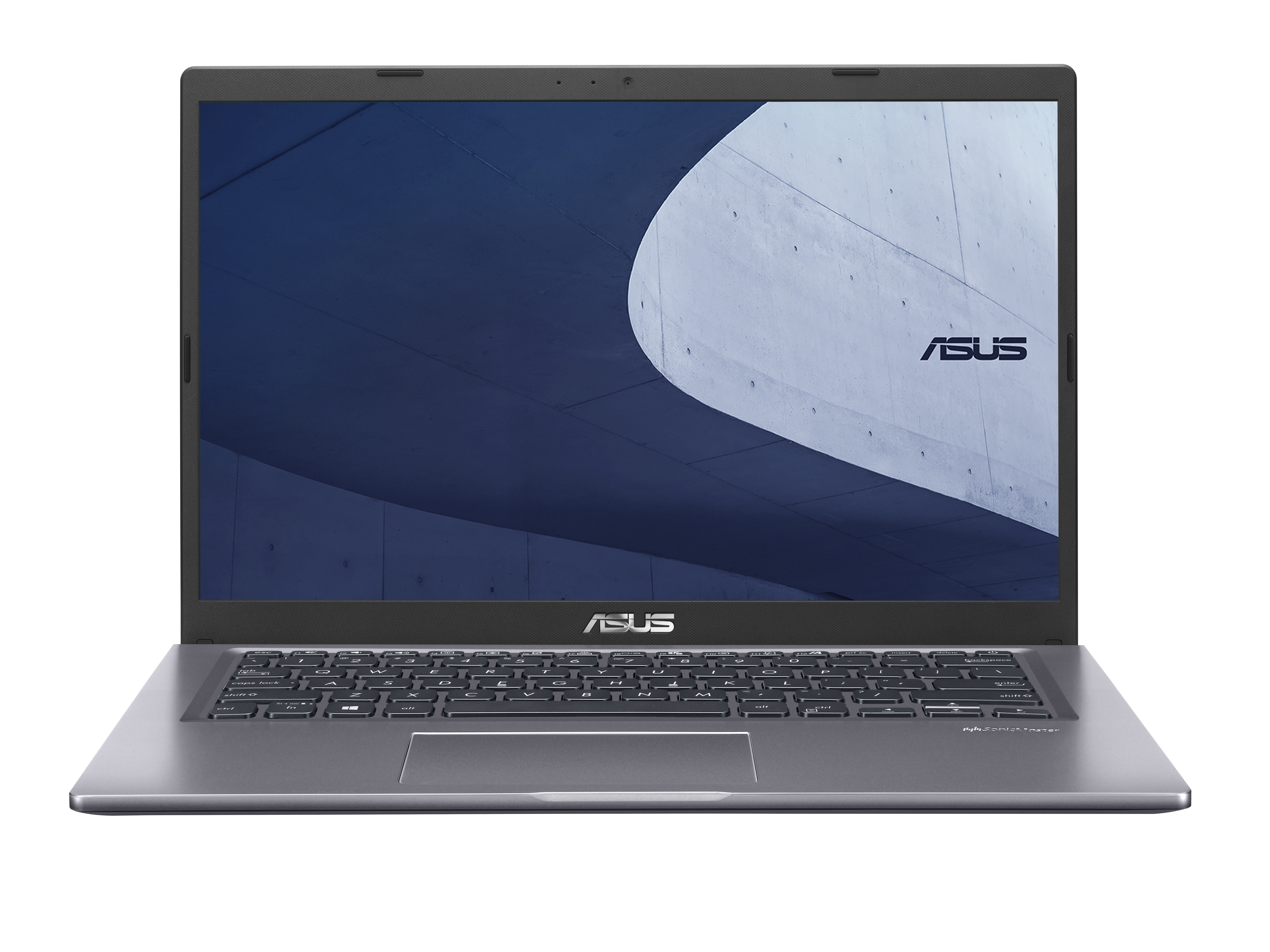 Laptop Asus, gris, abierto, mostrando una pantalla con un patrón abstracto azul y blanco.