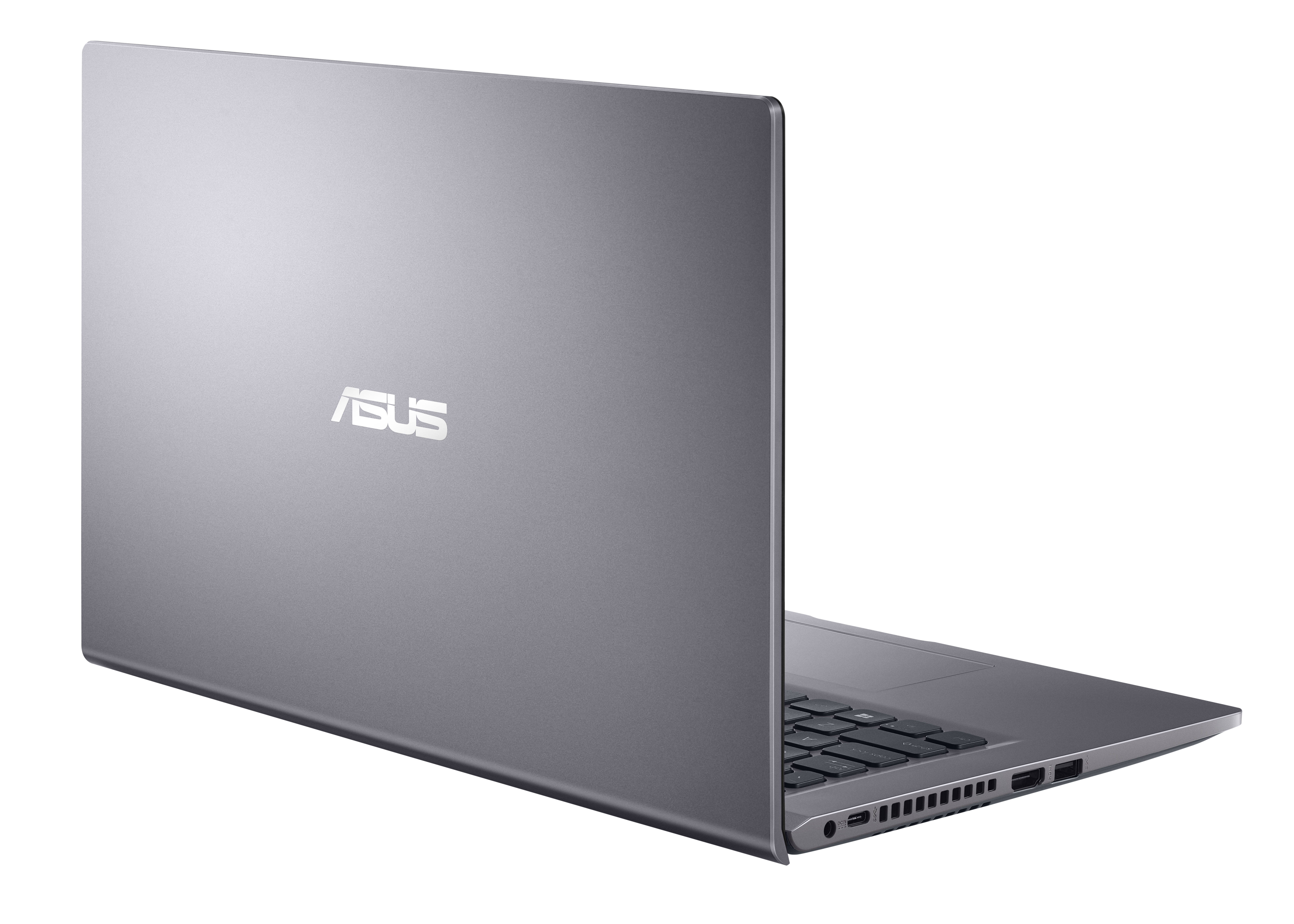 Un portátil ASUS gris, vista trasera, ligeramente abierto. El logotipo de ASUS se muestra prominentemente en la tapa superior.