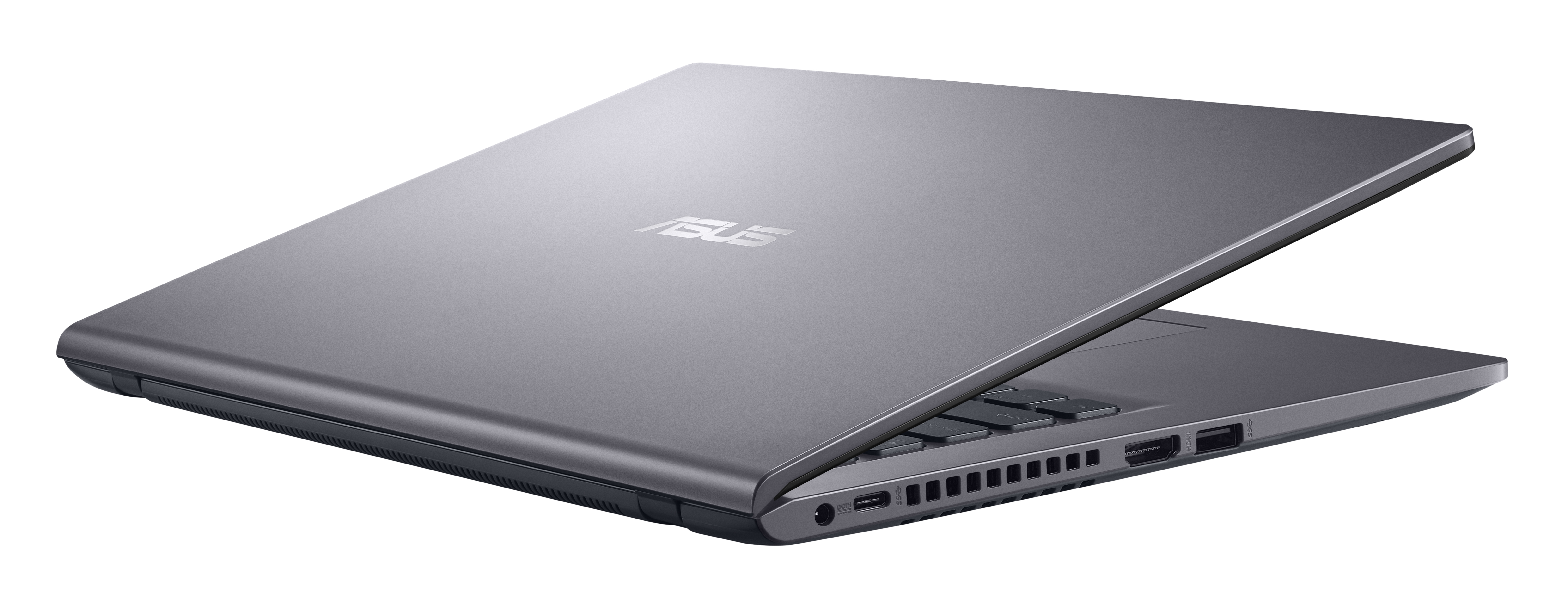 Un portátil gris, ligeramente abierto, que muestra la parte superior y el perfil lateral. El logotipo de ASUS es visible.