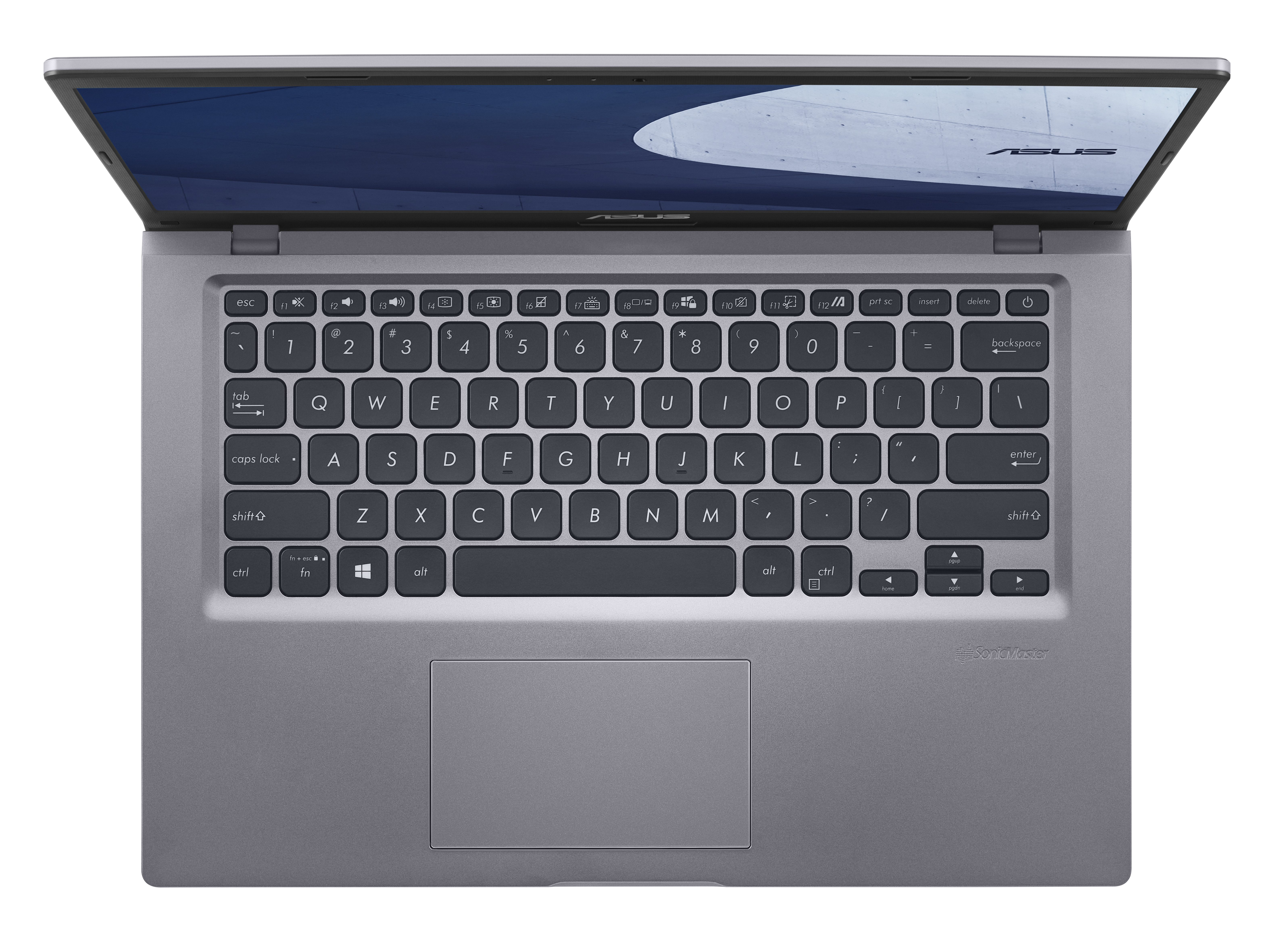 Vista superior de un portátil ASUS gris con el teclado abierto.