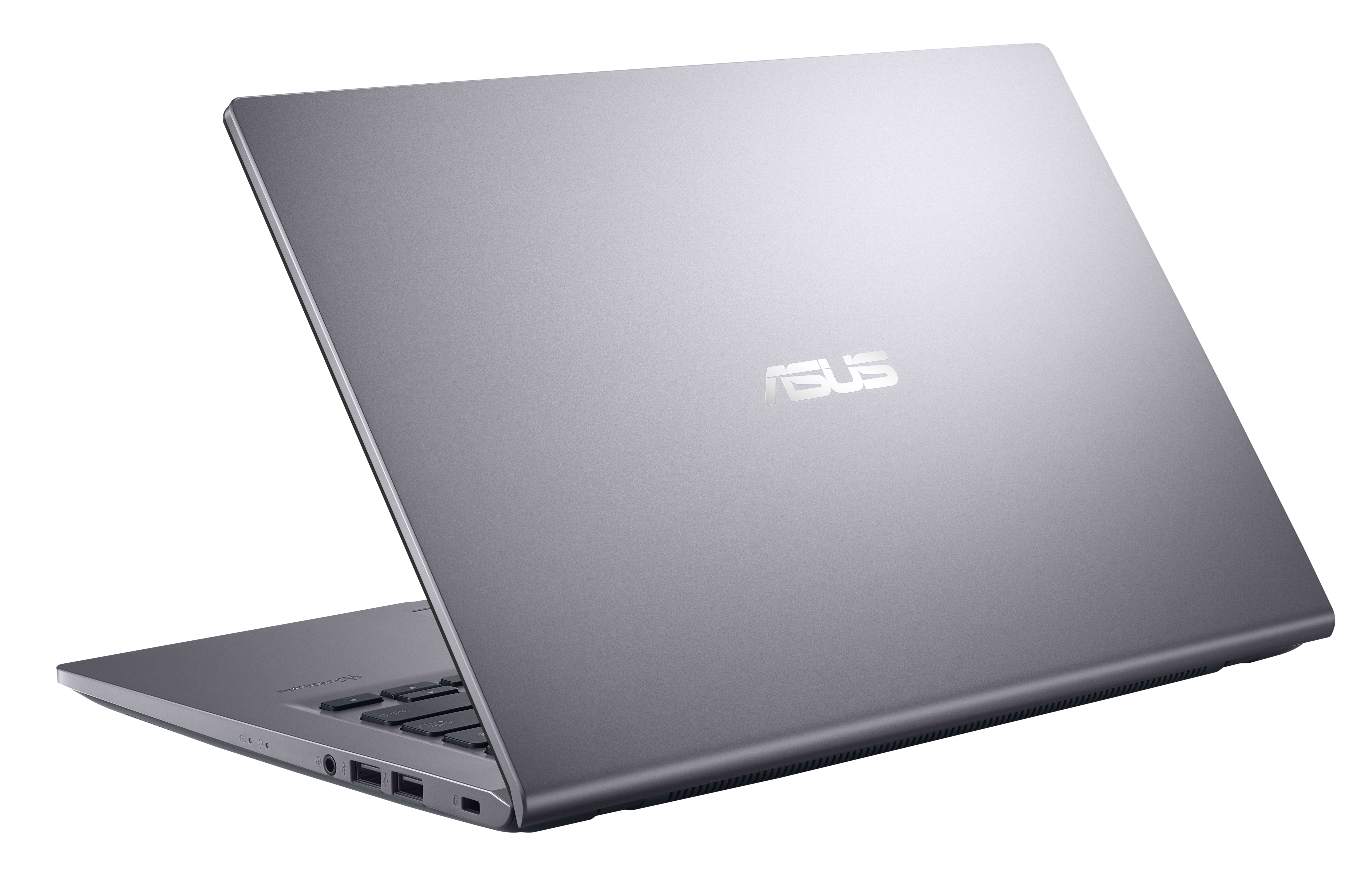 Un portátil gris, cerrado, inclinado a la izquierda, con el logo de ASUS, sobre blanco.