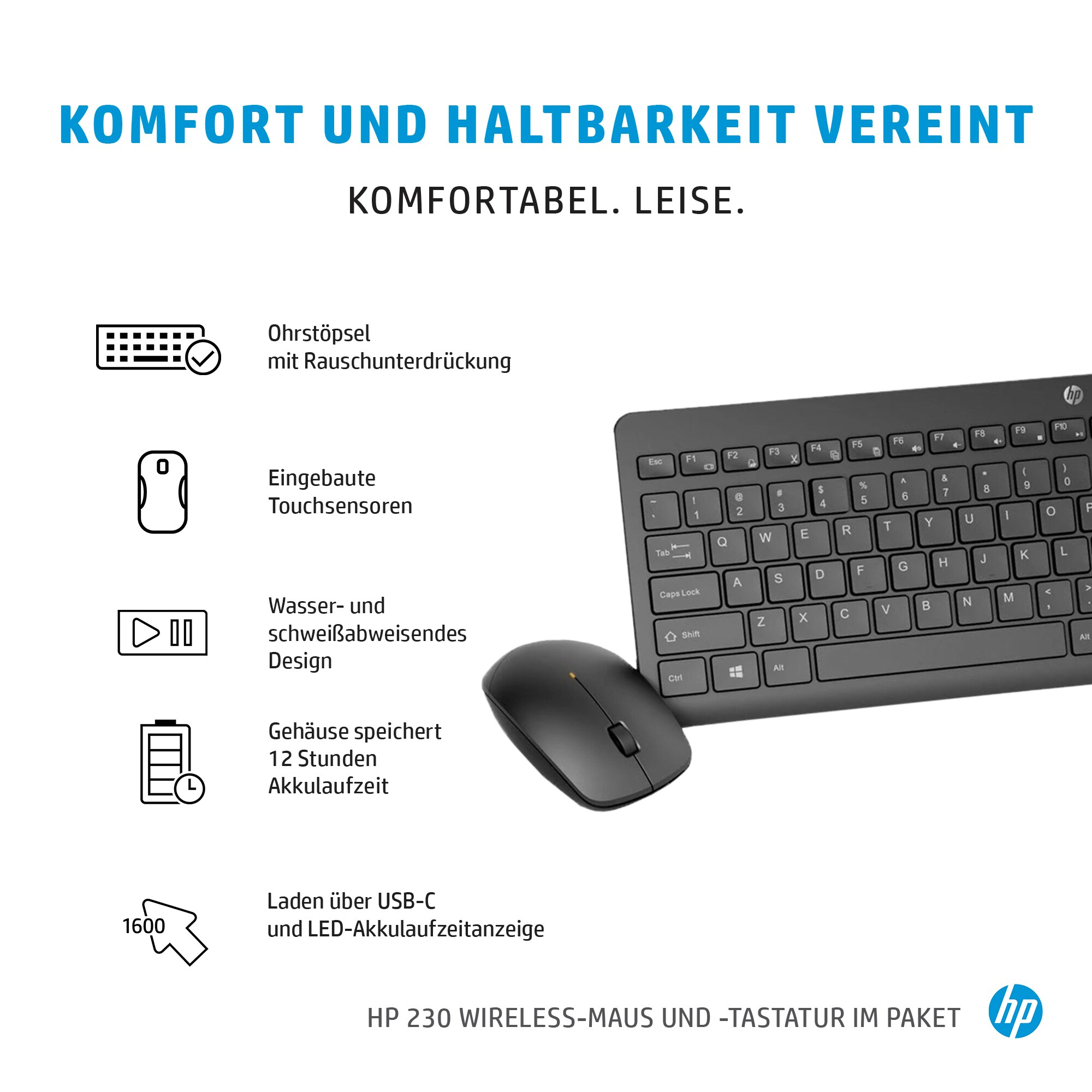 Schwarze Tastatur und Maus mit Text über Komfort und Haltbarkeit.