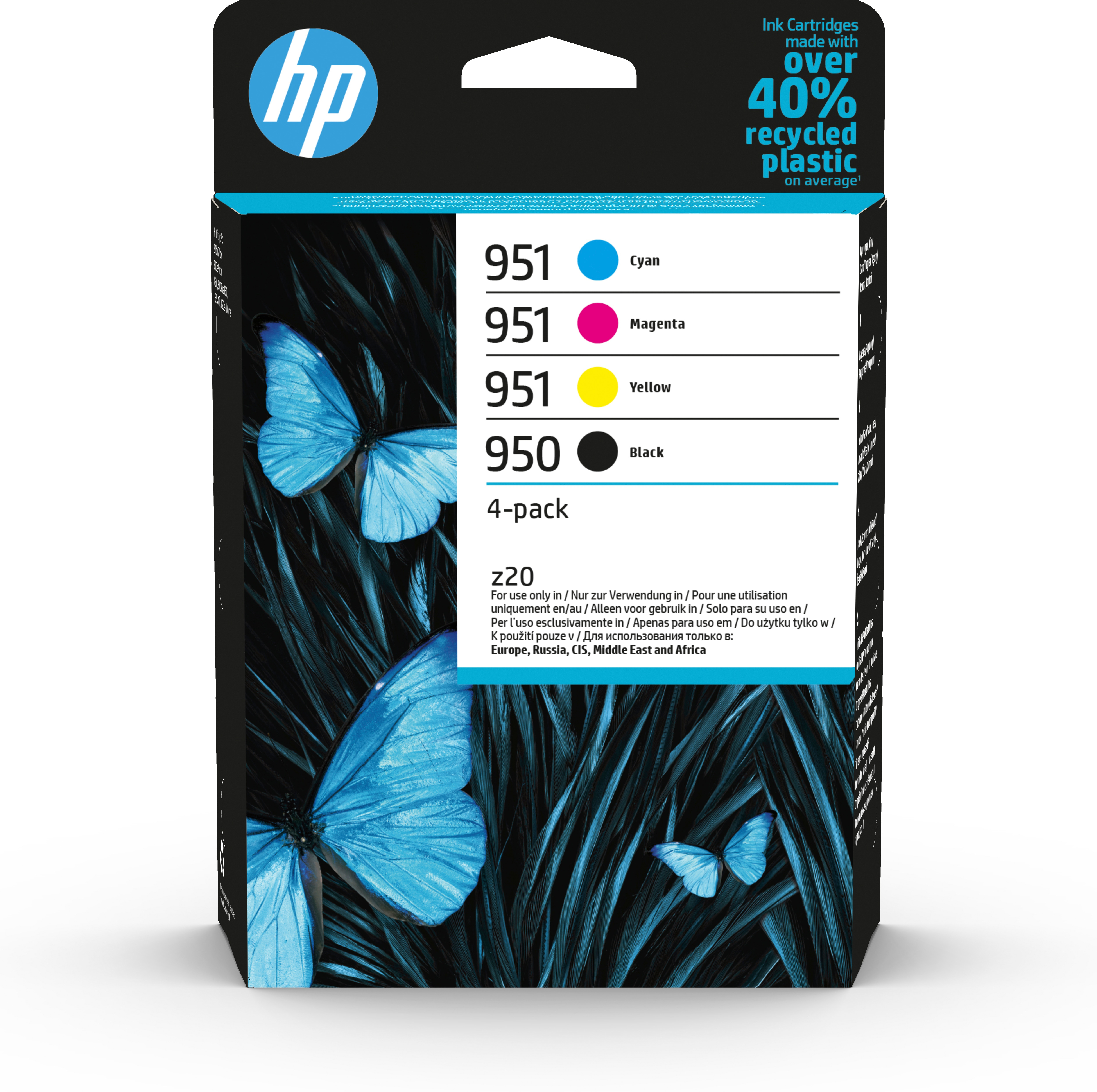 HP Tintenpatronenbox, Zyan, Magenta, Gelb, Schwarz und Schmetterlinge.