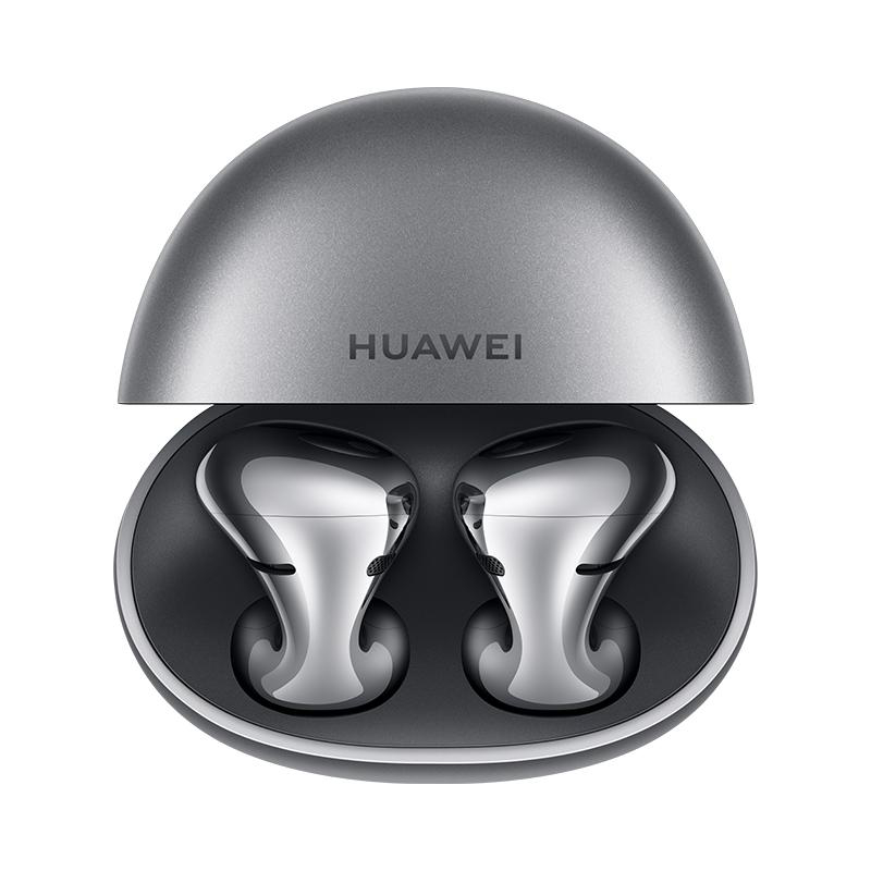 Silbernes Ladecase mit zwei grauen kabellosen Ohrhörern, mit Huawei-Logo.