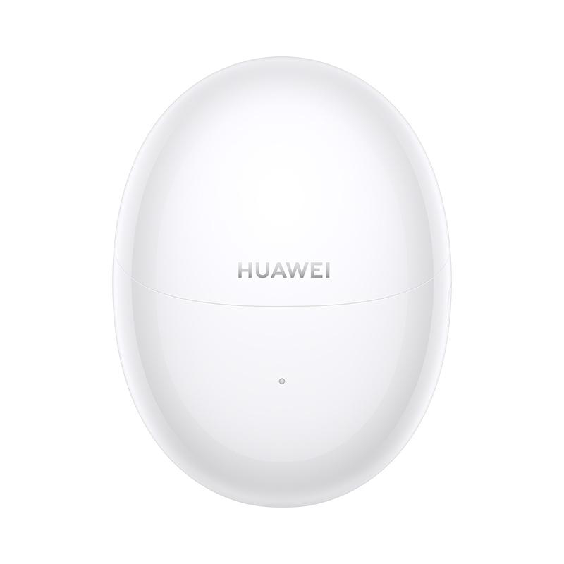 Ein weißes, ovales Ohrhörer-Etui mit dem Wort HUAWEI darauf.