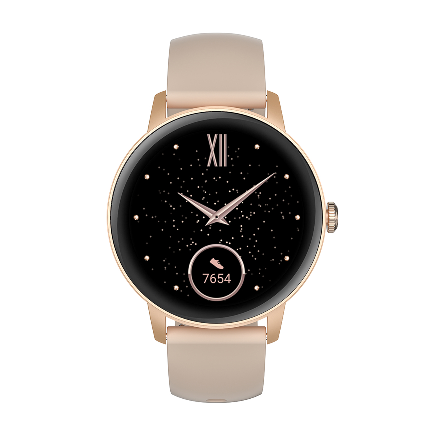 Smartwatch oro rosa con schermo nero che mostra l'ora e il conteggio dei passi.