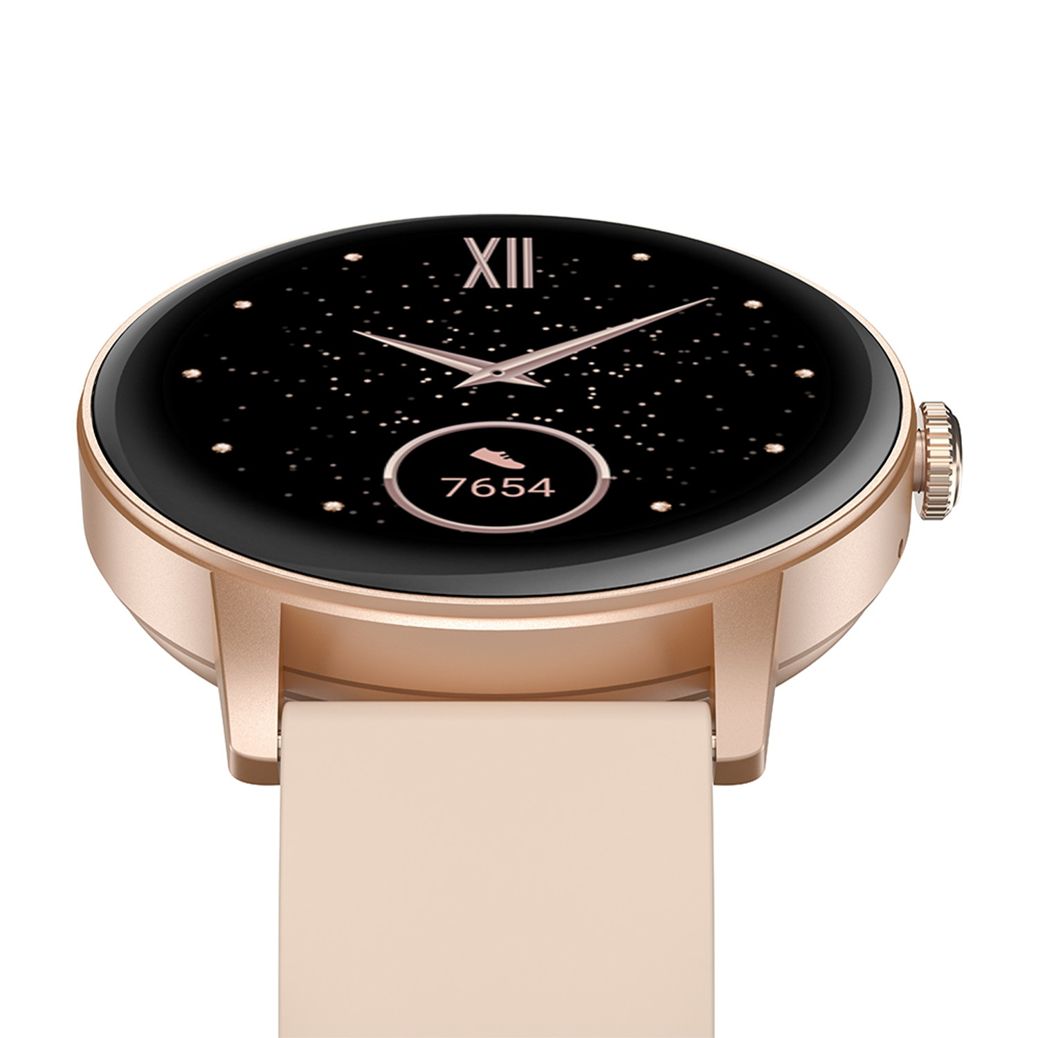 Smartwatch oro rosa con schermo nero che mostra l'ora e i passi.