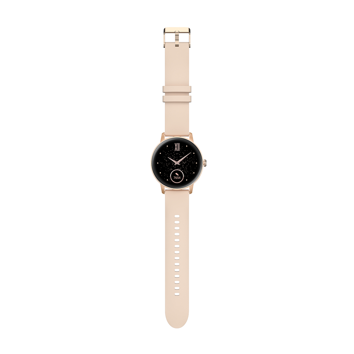 Smartwatch beige con schermo nero stellato. Cinturino beige forato, fibbia dorata, su sfondo bianco.
