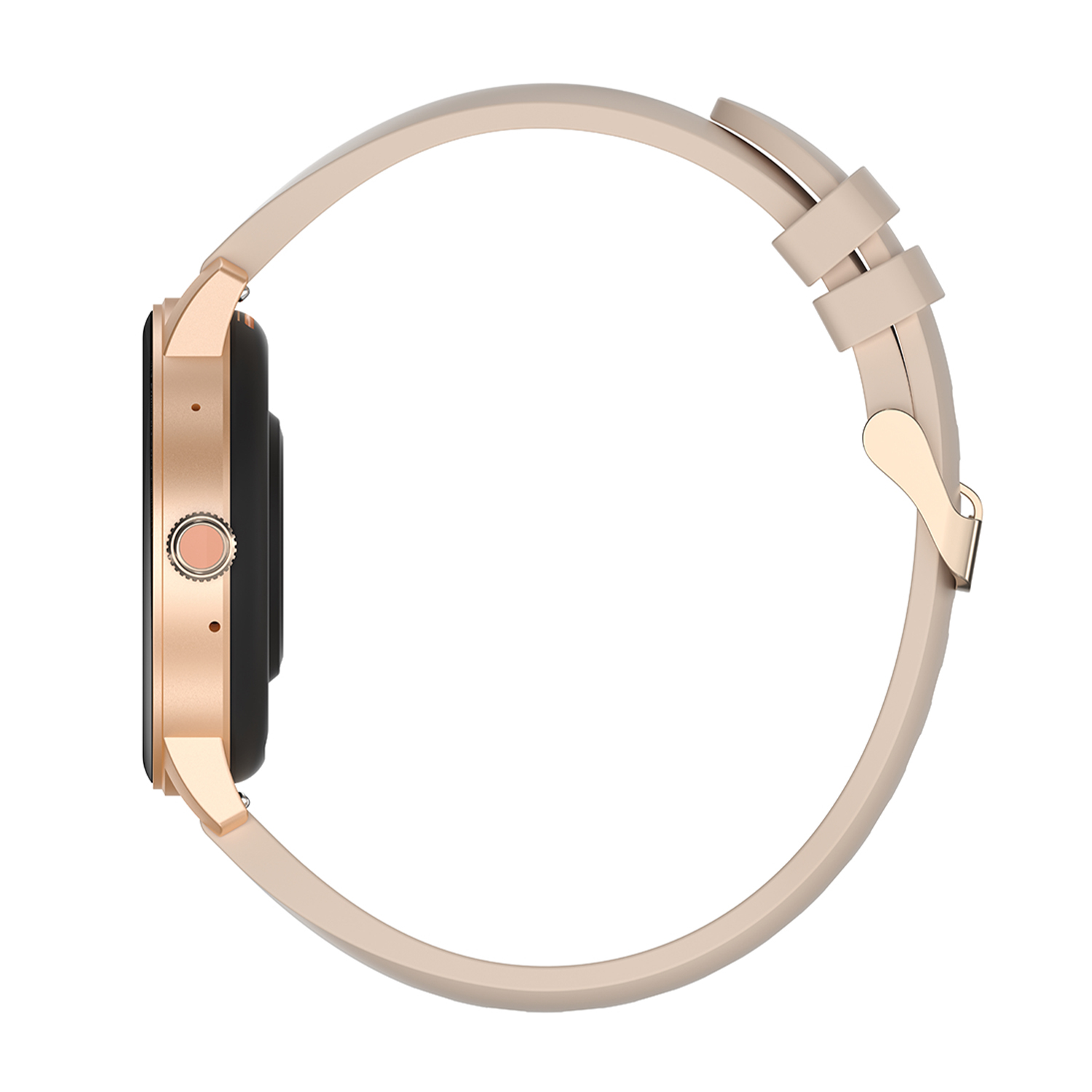Vista laterale dello smartwatch con cinturino beige e quadrante nero.
