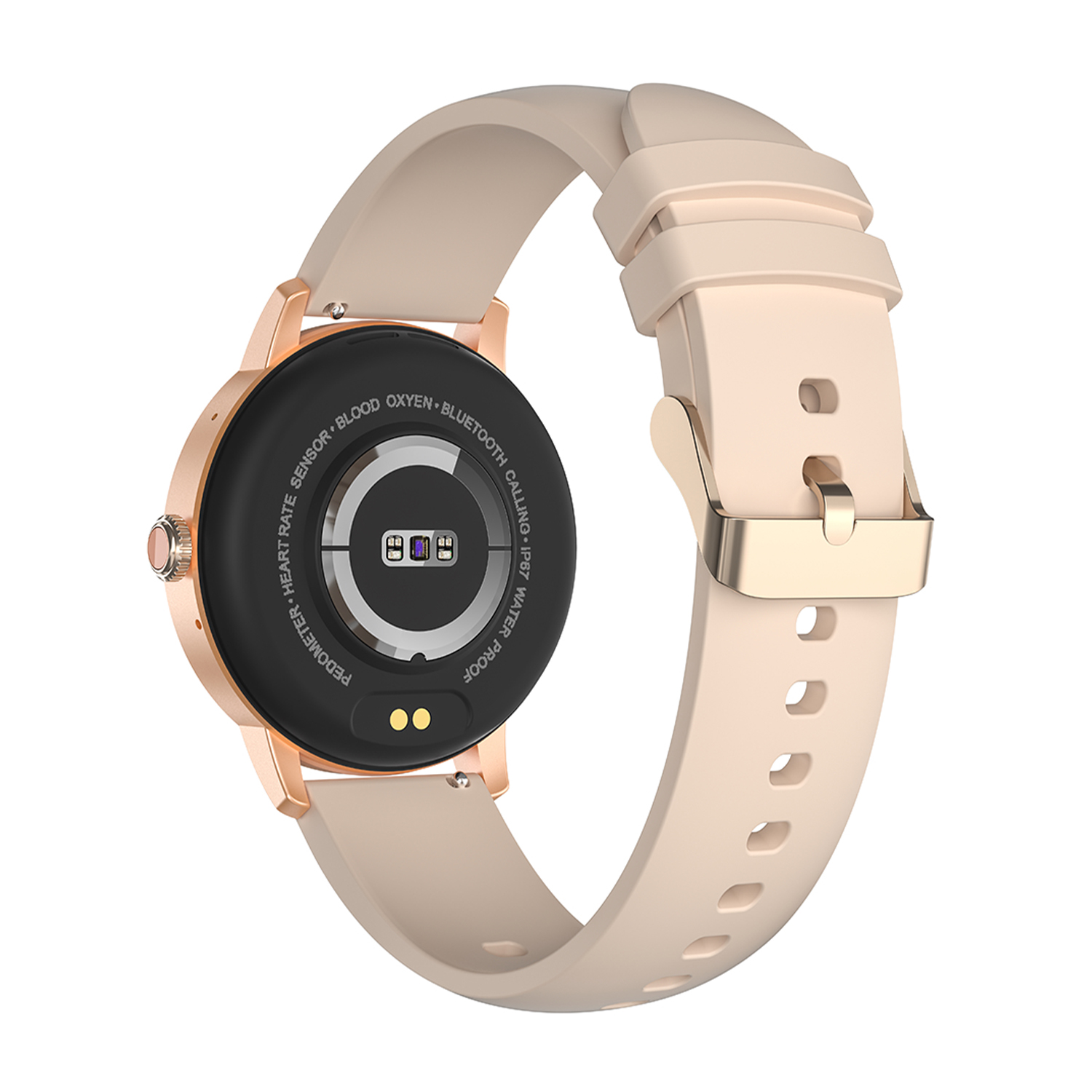 Uno smartwatch oro e beige con un cinturino beige.