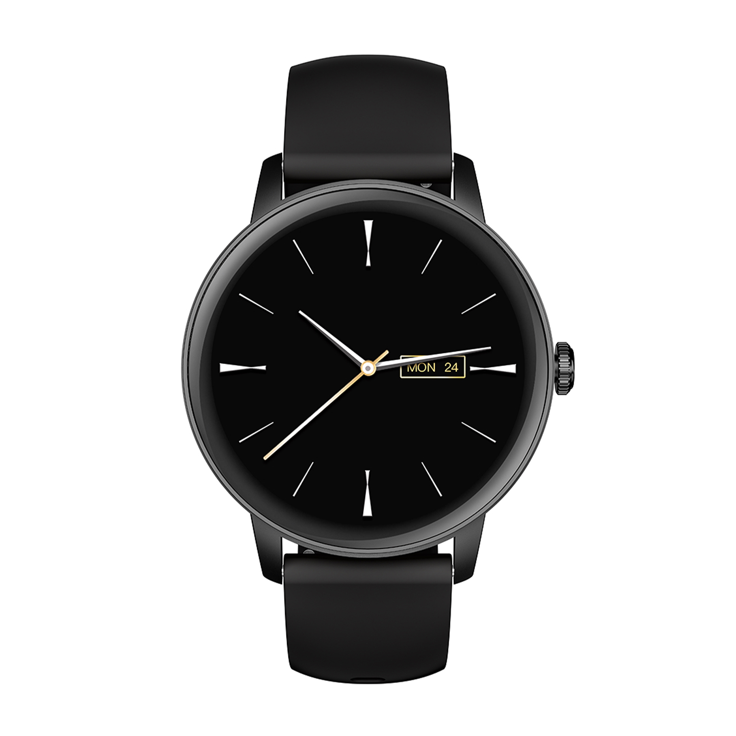 Orologio nero con cinturino nero. Il quadrante è nero con dettagli bianchi e oro.