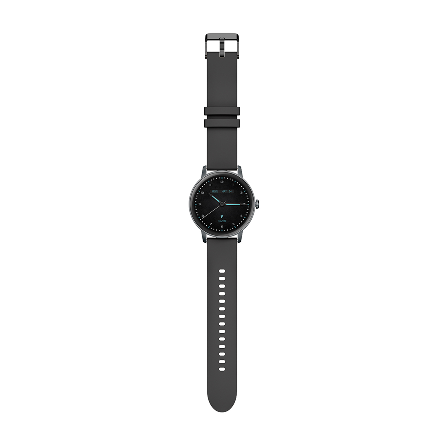 Uno smartwatch nero su un cinturino, vista dall'alto.
