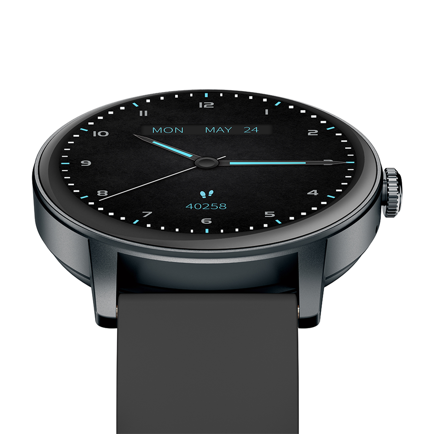 Uno smartwatch con quadrante nero, che mostra data e ora.