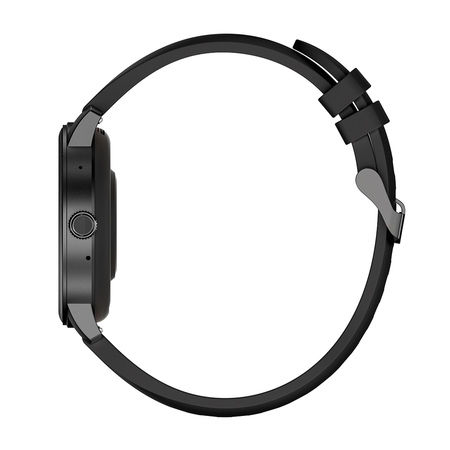 Una vista laterale di uno smartwatch nero con un cinturino nero.