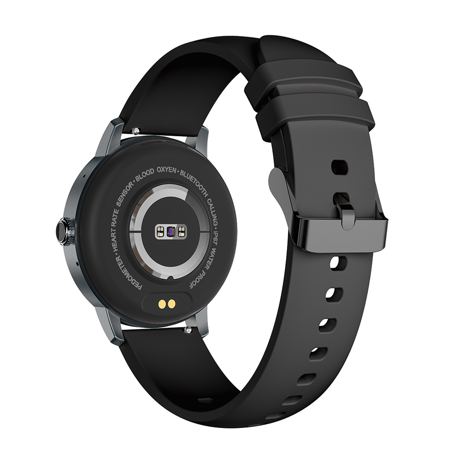 Smartwatch nero con cinturino nero. Sensore frequenza cardiaca e dettagli sul retro.