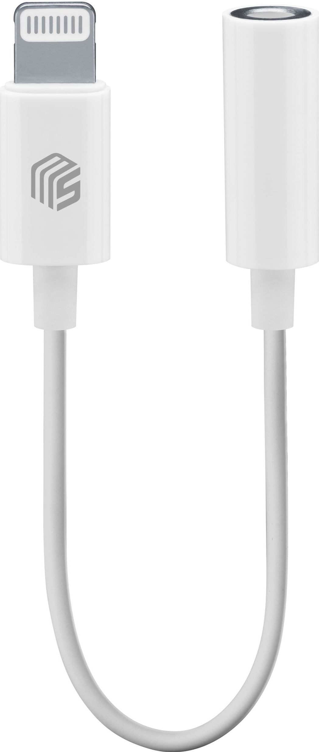 Ein weißes Lightning-auf-3,5-mm-Audioadapterkabel. Das Kabel verbindet einen Lightning-Anschluss und eine 3,5-mm-Buchse.