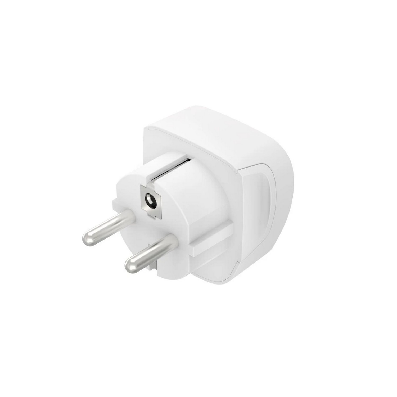 White power adapter with two prongs and a European plug design on a white background.