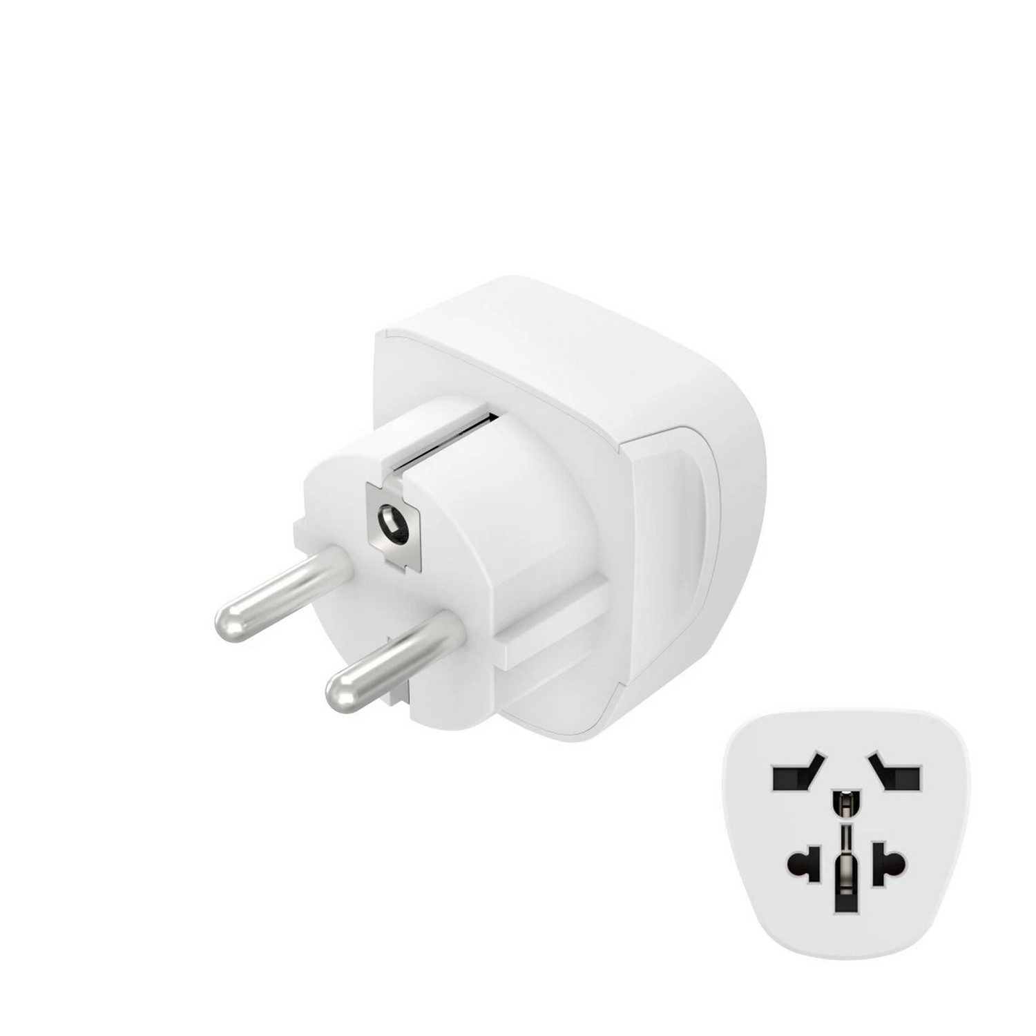 A white travel adapter with two prongs and a slot.