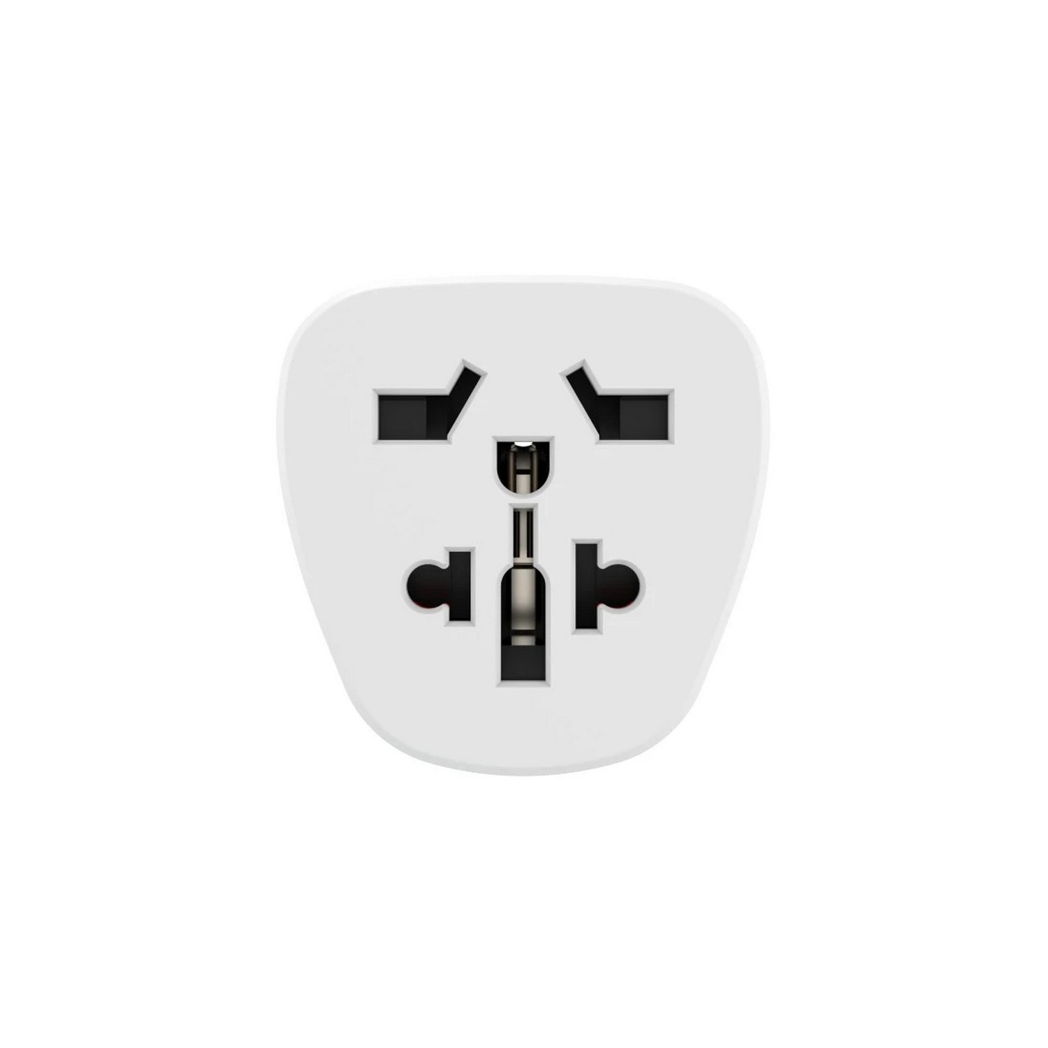 White universal travel adapter. It has multiple plug holes and a white background.