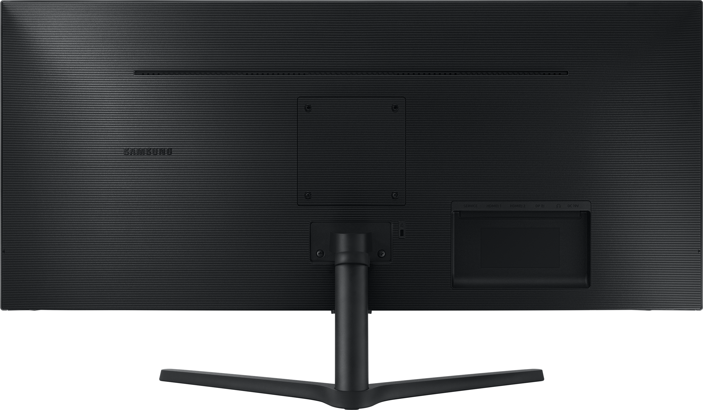 Rückansicht eines schwarzen Samsung Monitors. Die Rückseite hat einen Ständer, Anschlüsse und das Samsung Logo.