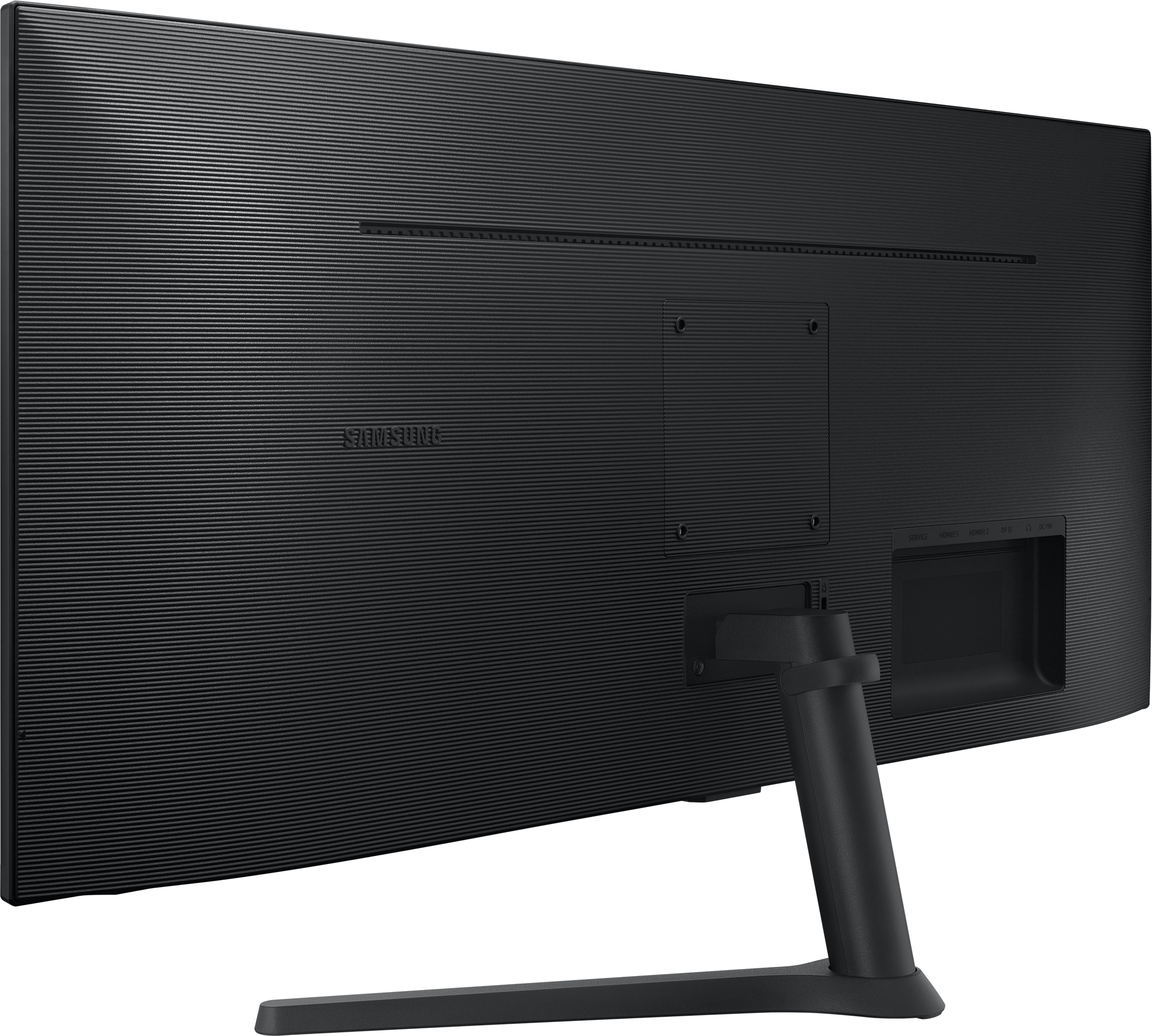 Rückansicht eines schwarzen Monitors mit schwarzem Ständer auf schwarzem Hintergrund.