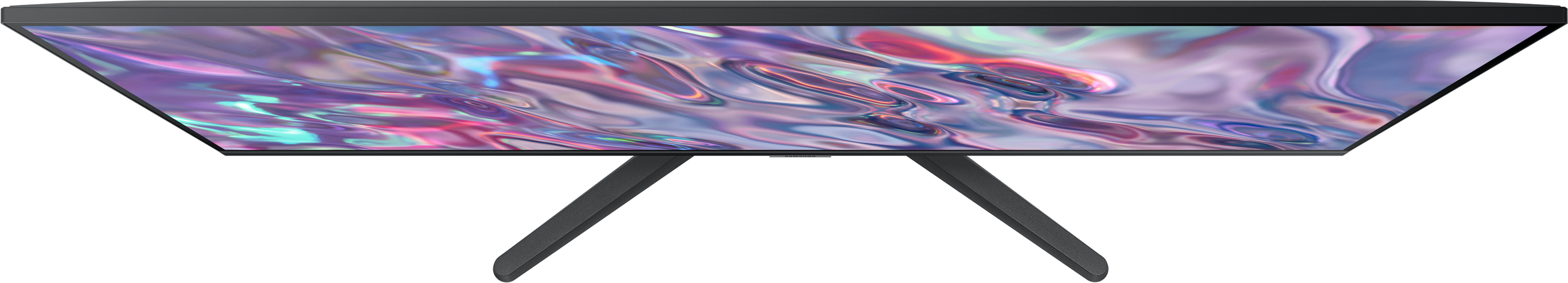 Draufsicht auf einen Monitor mit gebogenem Bildschirm, auf einem schwarzen Ständer mit zwei Beinen.