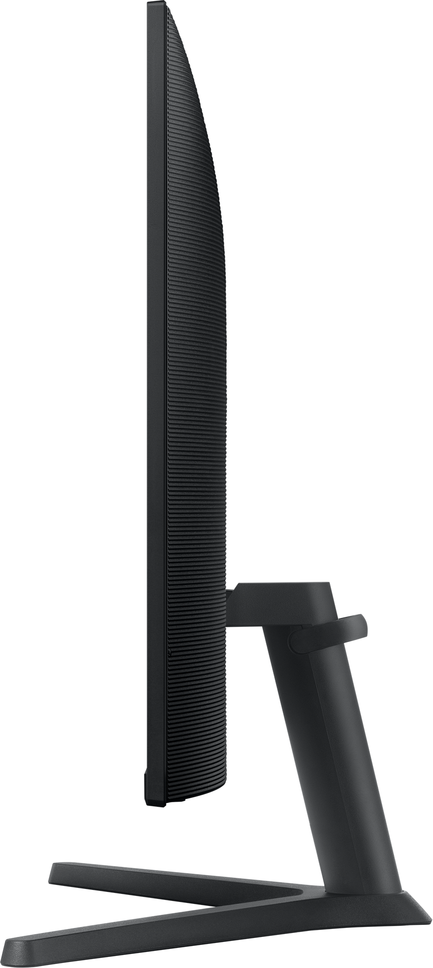 Seitenansicht eines schwarzen Computermonitors auf einem schwarzen Ständer. Der Monitor ist schlank und modern.